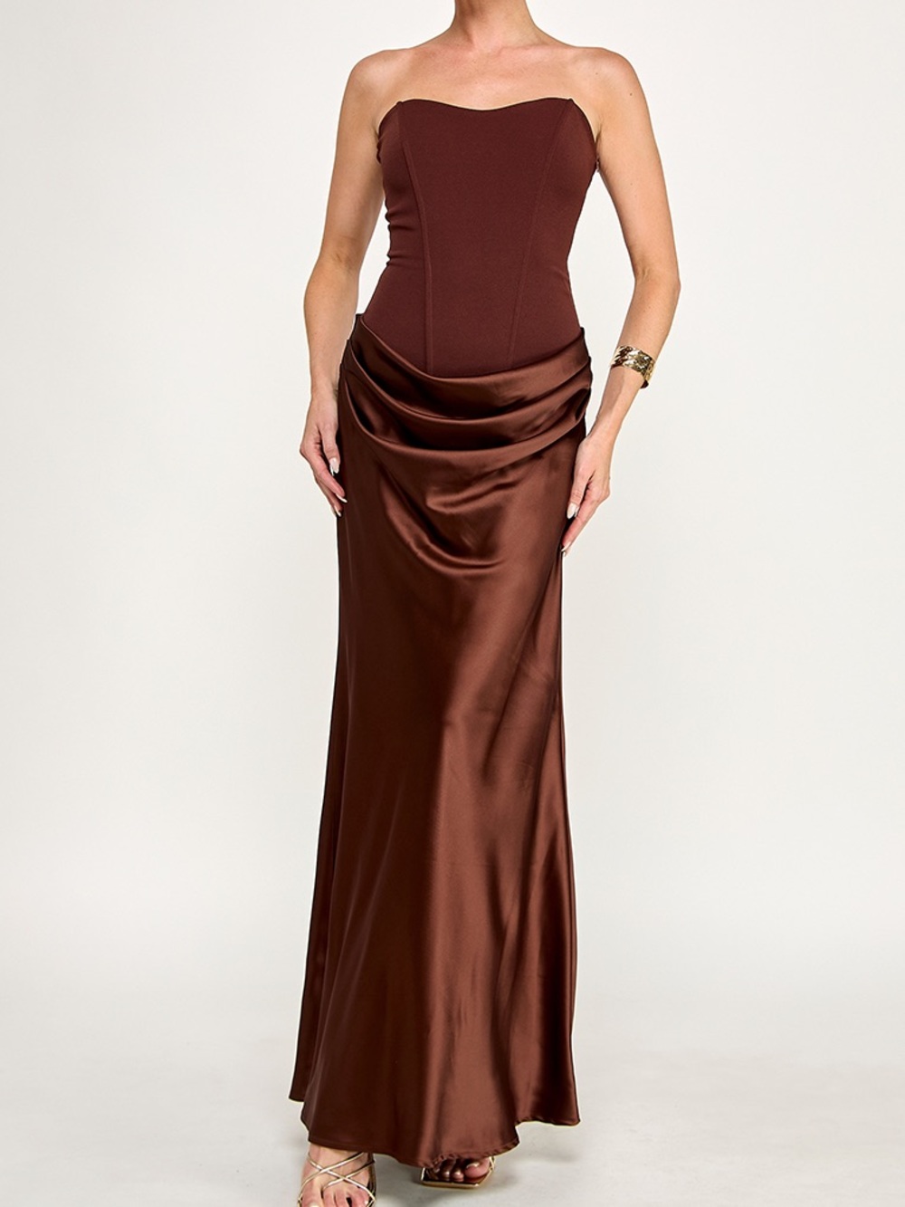 Strapless Brown Satin-Tone Maxi Skirt